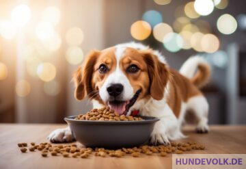 Glücklicher Hund frisst Trockenfutter aus Napf