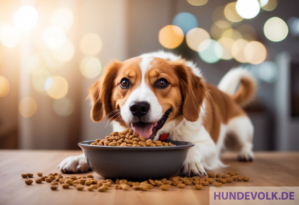 Glücklicher Hund frisst Trockenfutter aus Napf